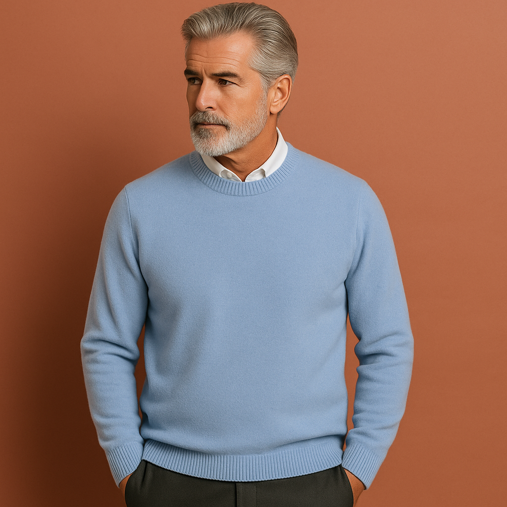 Men’s classic sweater in light blue with timeless design, comfortable and elegant for business and casual outfits.