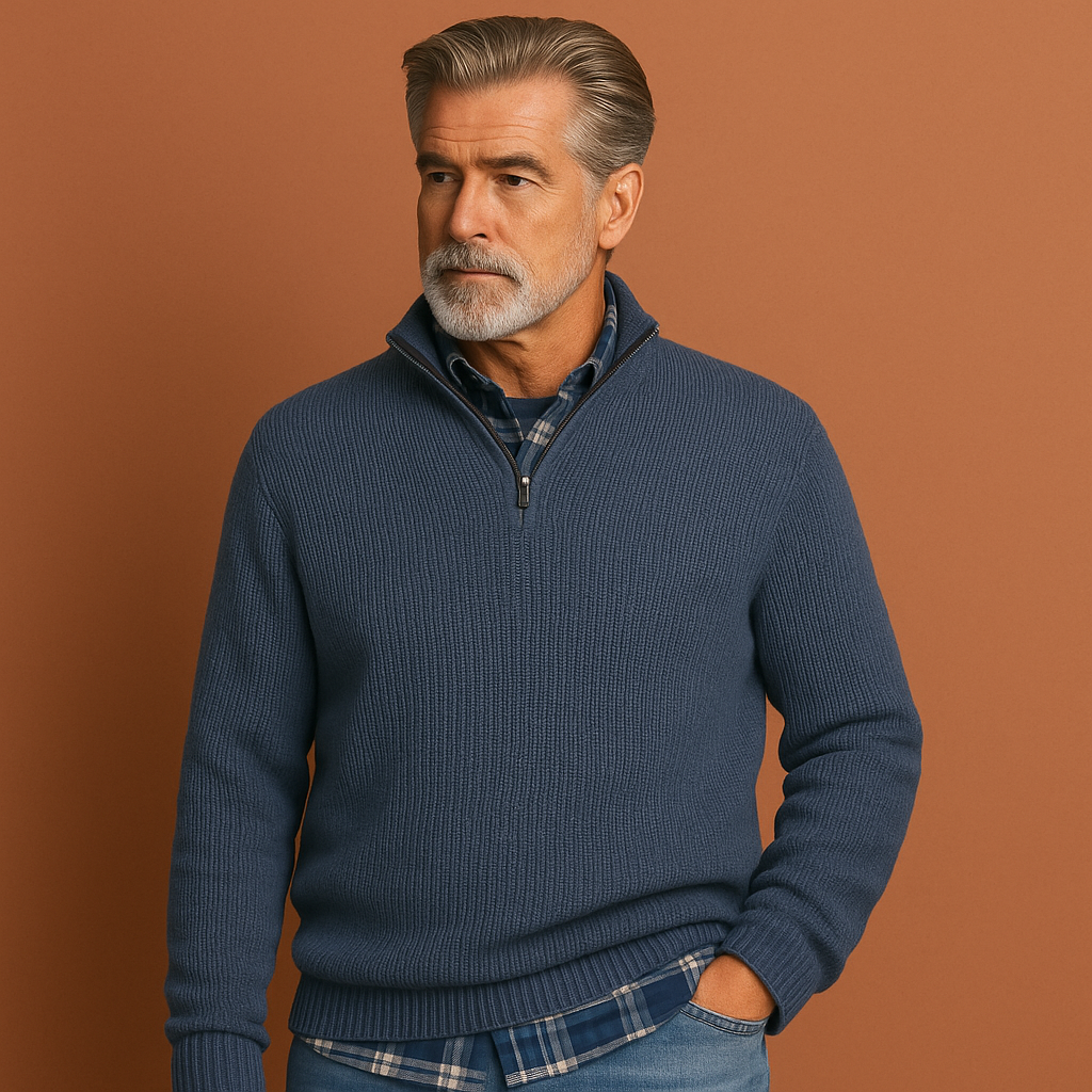 Men’s knitted sweater in light blue with classic design, warm and comfortable for casual and formal outfits.