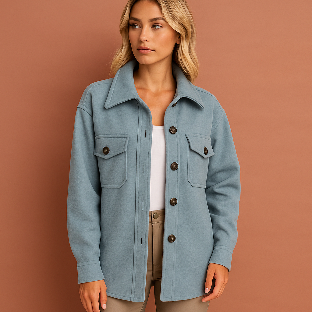 Women’s fall jacket in light blue with elegant design, soft and comfortable for casual and stylish outfits.