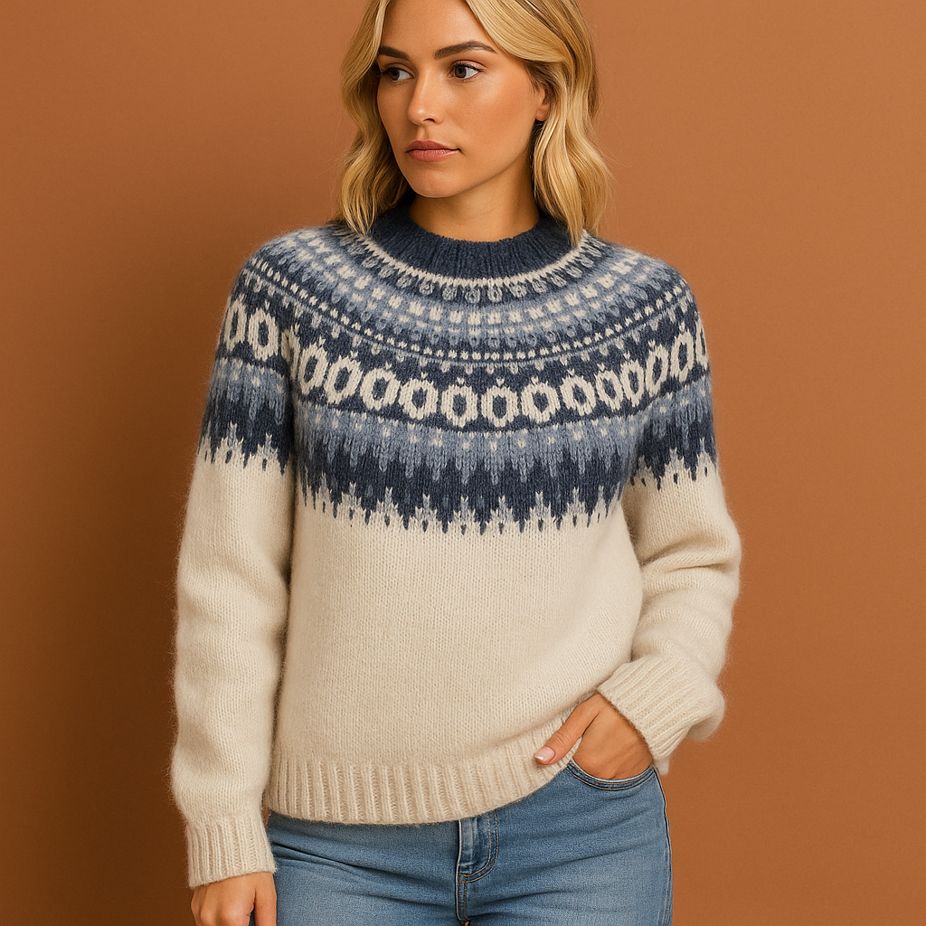 Women’s knitted sweater in light blue with Scandinavian pattern, soft and comfortable for stylish and cozy winter outfits.