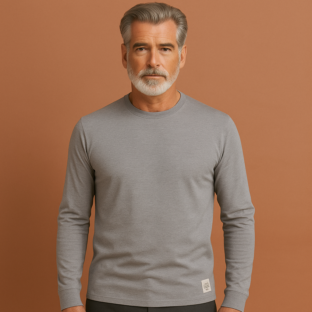 Men’s crew neck sweater in light gray with long sleeves, soft and comfortable for casual and stylish outfits.