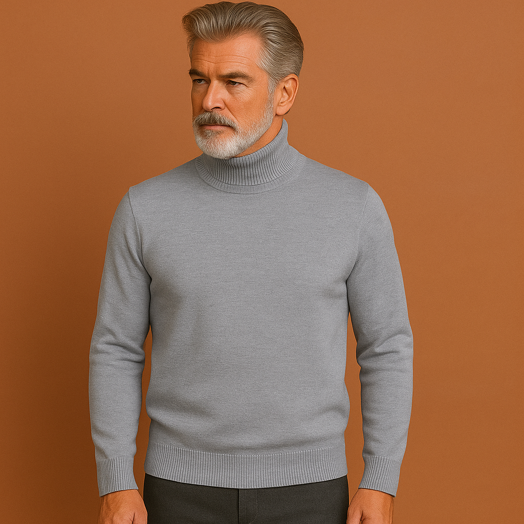 Men’s turtleneck sweater in light gray with timeless design, stylish and comfortable for business and casual winter outfits.