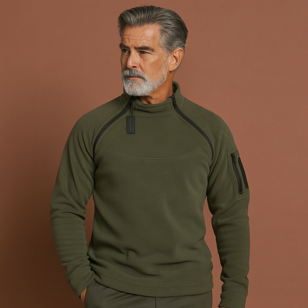 Men’s tactical fleece sweater in military green with windproof design, durable and comfortable for outdoor adventures.