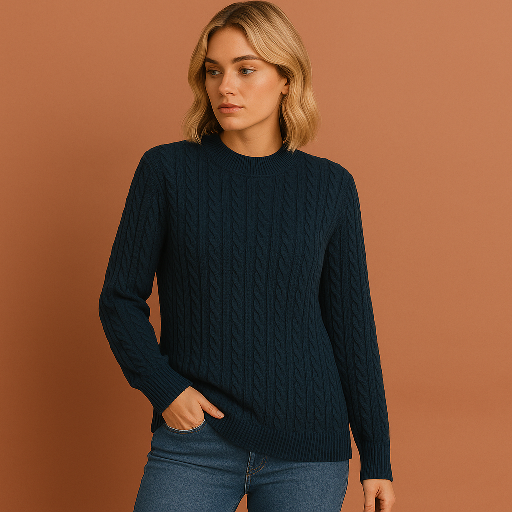 Women’s knitted sweater in navy blue with classic cable design, soft and comfortable for casual and elegant winter outfits.