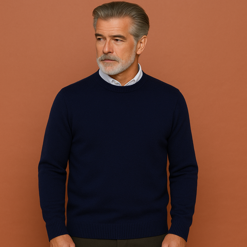 Men’s classic sweater in navy blue with timeless design, comfortable and elegant for business and casual outfits.