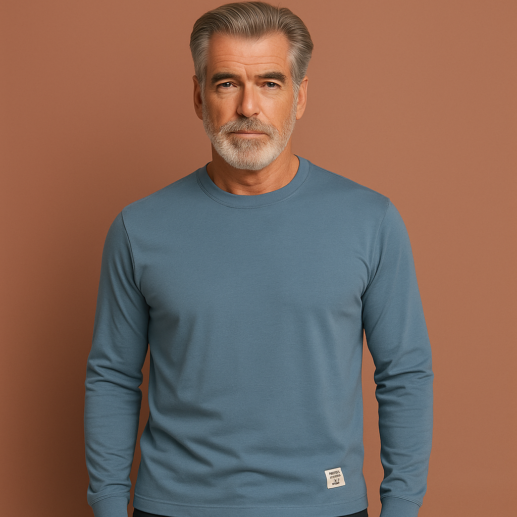 Men’s crew neck sweater in navy blue with long sleeves, soft and comfortable for casual and stylish outfits.