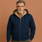 Men’s fleece sweater in navy blue with fur lining, warm and comfortable for casual and stylish winter outfits.