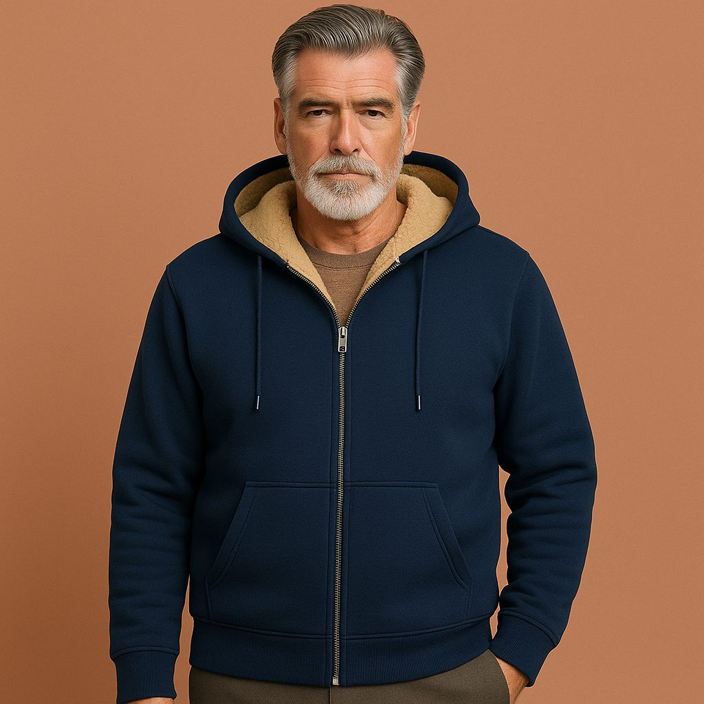 Men’s fleece sweater in navy blue with fur lining, warm and comfortable for casual and stylish winter outfits.