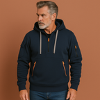 Men’s functional hoodie in navy blue with multiple pockets, soft and comfortable for casual and outdoor use.