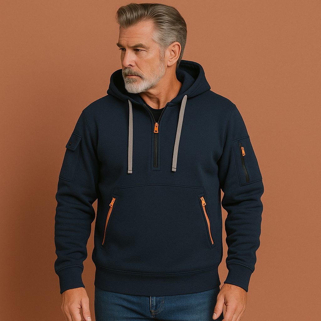Men’s functional hoodie in navy blue with multiple pockets, soft and comfortable for casual and outdoor use.