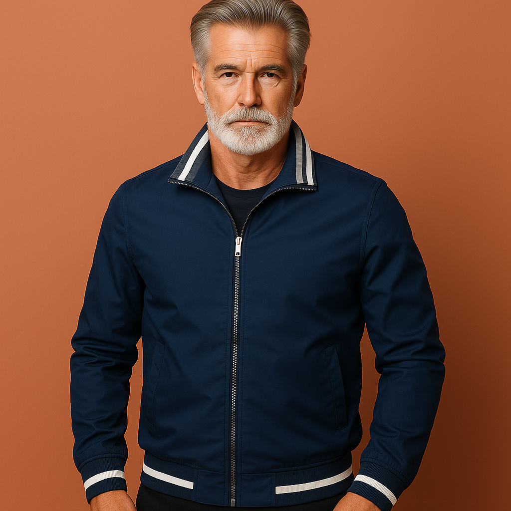 Men’s lightweight transitional jacket in navy blue with sporty collar, breathable and stylish for casual outfits.