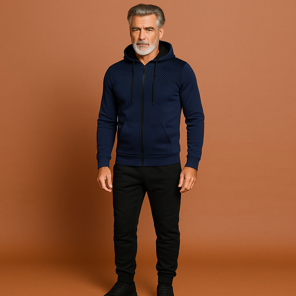 Men’s sporty slim fit tracksuit in navy blue, flexible and breathable for workouts and casual wear.
