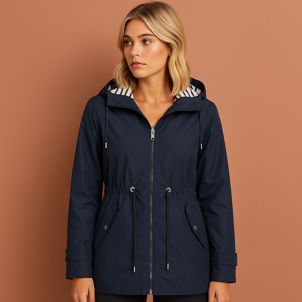 Women’s long waterproof raincoat in navy blue with hood, breathable and stylish for rainy days.