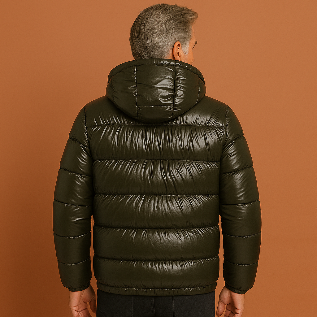 Men’s water-repellent puffer jacket in olive green with modern fit, warm and stylish for outdoor and daily winter wear.
