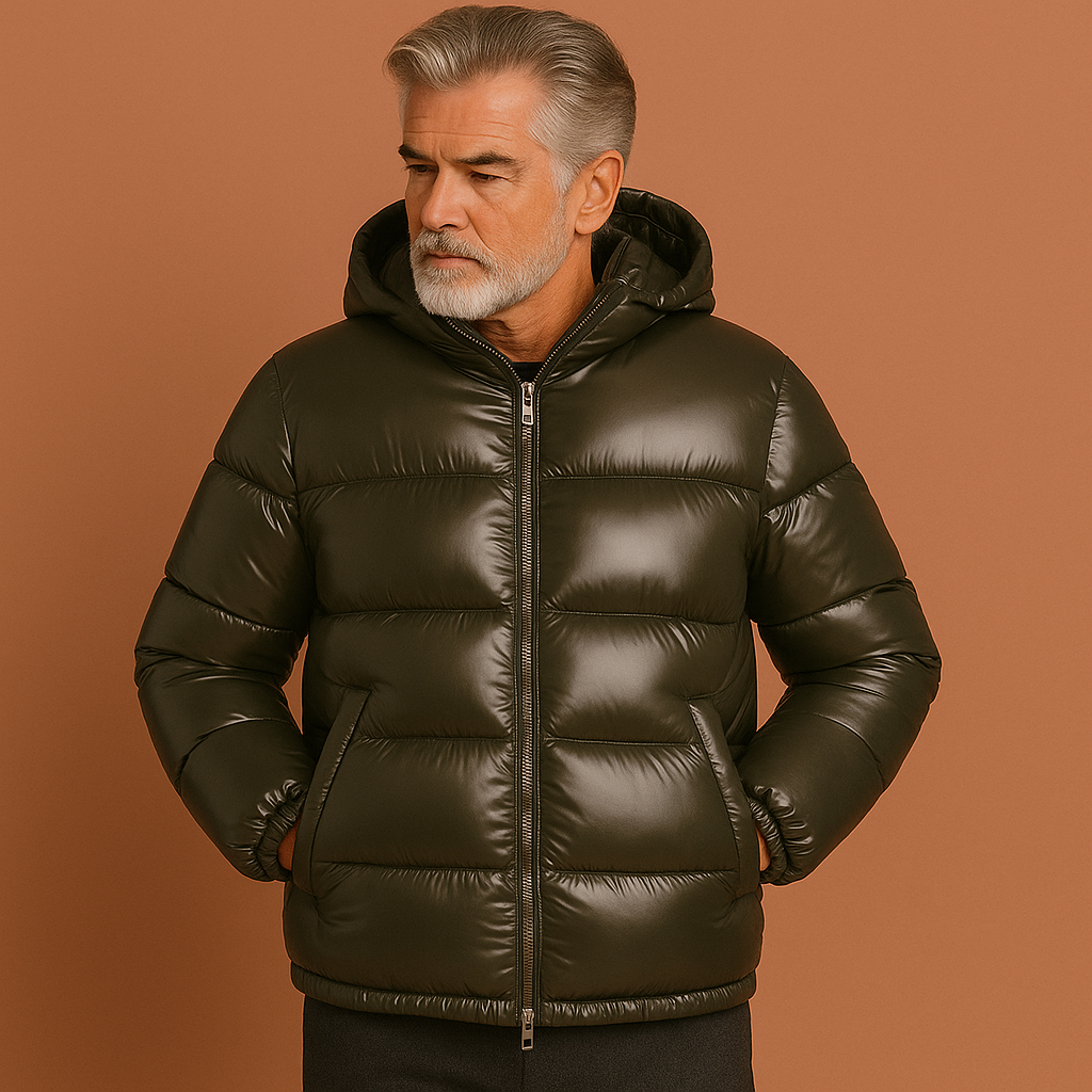 Men’s water-repellent puffer jacket in olive green with modern fit, warm and stylish for outdoor and daily winter wear.
