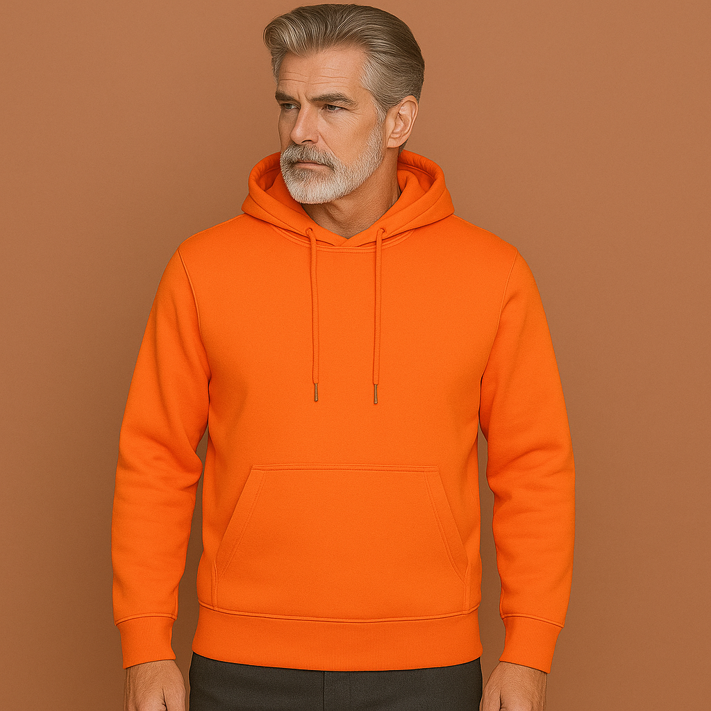 Men’s casual hoodie in orange with relaxed fit, soft and comfortable for daily and lounge wear.