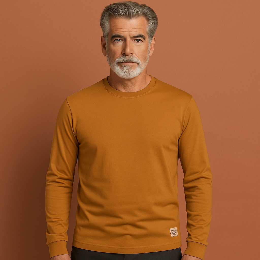 Men’s crew neck sweater in orange with long sleeves, soft and comfortable for casual and stylish outfits.
