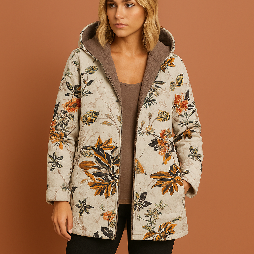 Women’s floral print jacket in orange with pockets, soft and comfortable for casual spring and fall outfits.