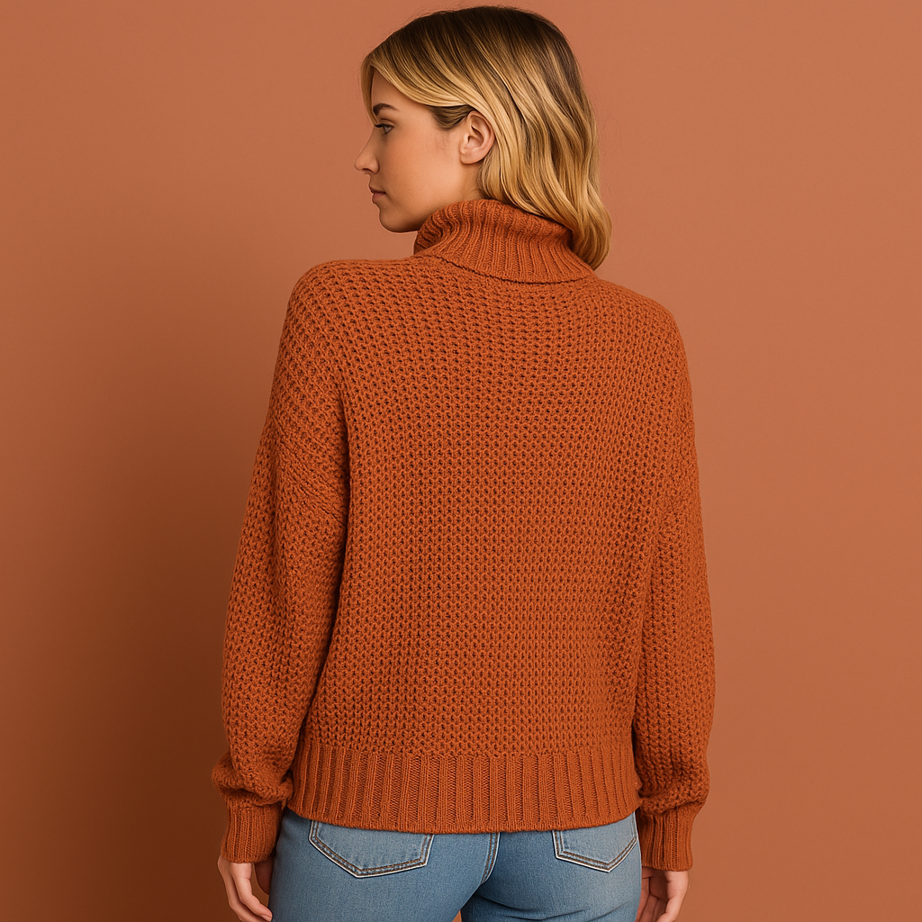 Women’s turtleneck sweater in orange with minimalist design, soft and comfortable for casual and stylish outfits.