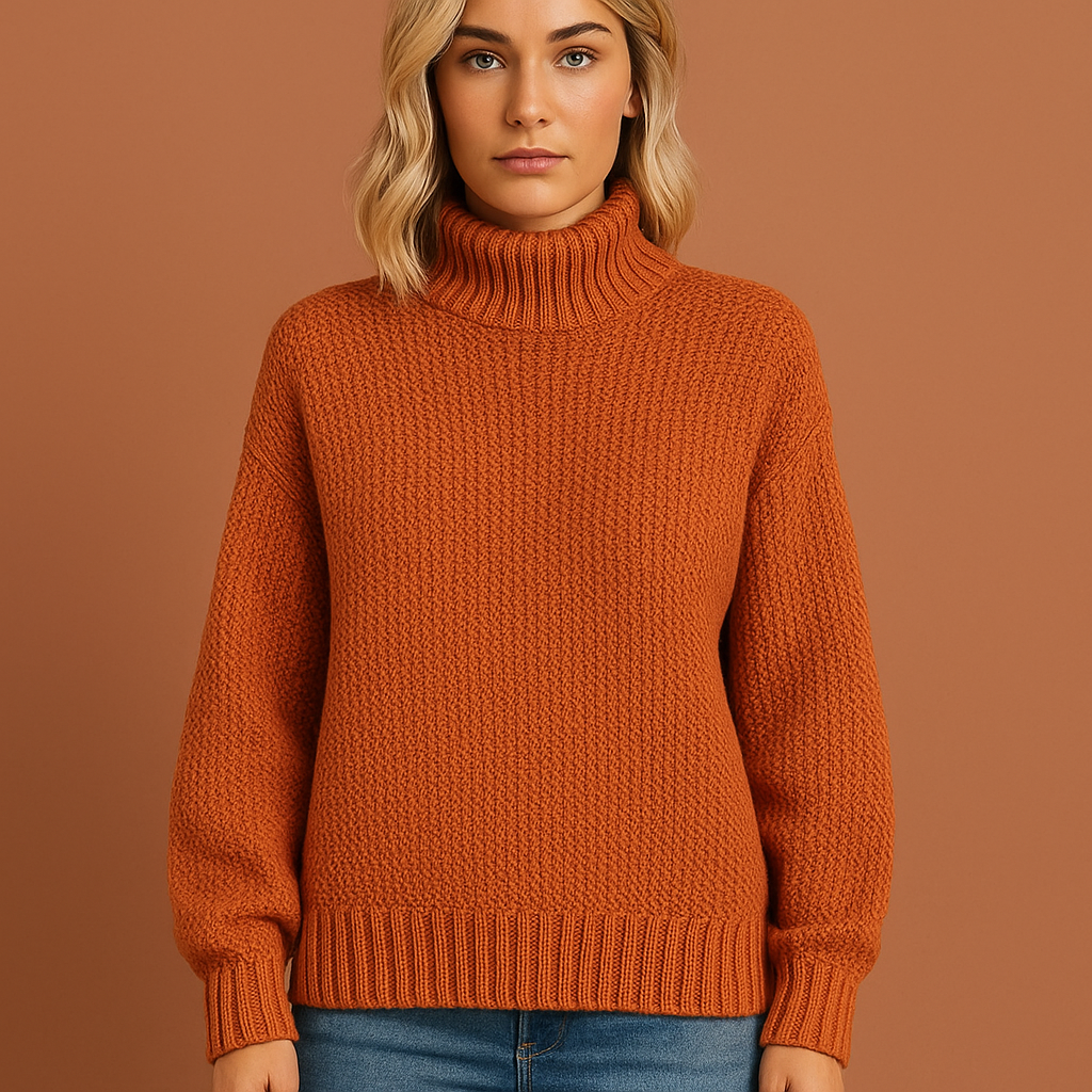 Women’s turtleneck sweater in orange with minimalist design, soft and comfortable for casual and stylish outfits.