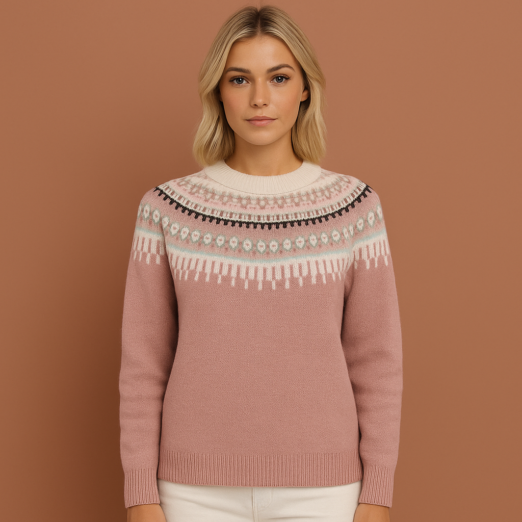 Women’s knitted sweater in pink with Scandinavian winter pattern, soft and comfortable for casual and stylish cold-weather outfits.