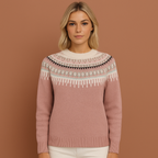 Women’s knitted sweater in pink with Scandinavian winter pattern, soft and comfortable for casual and stylish cold-weather outfits.