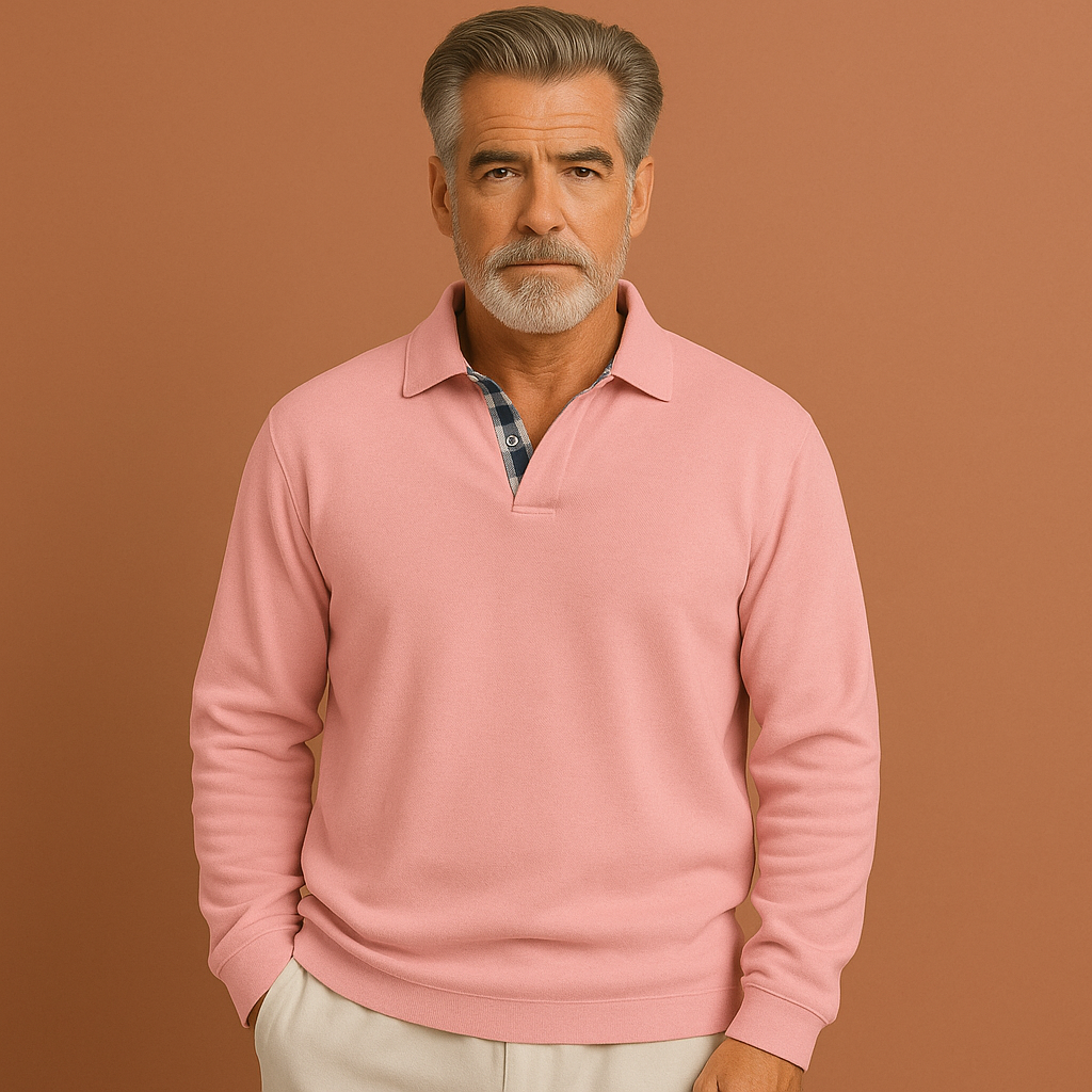 Lightweight men’s sweater in pink with breathable design, relaxed fit for casual and stylish summer outfits.