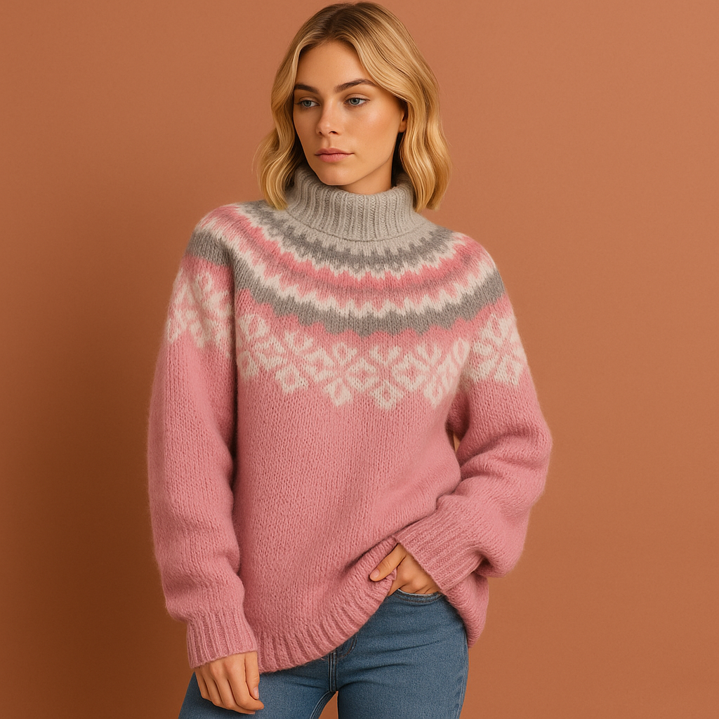 Women’s knitted sweater in pink with Scandinavian pattern, soft and comfortable for stylish and cozy winter outfits.