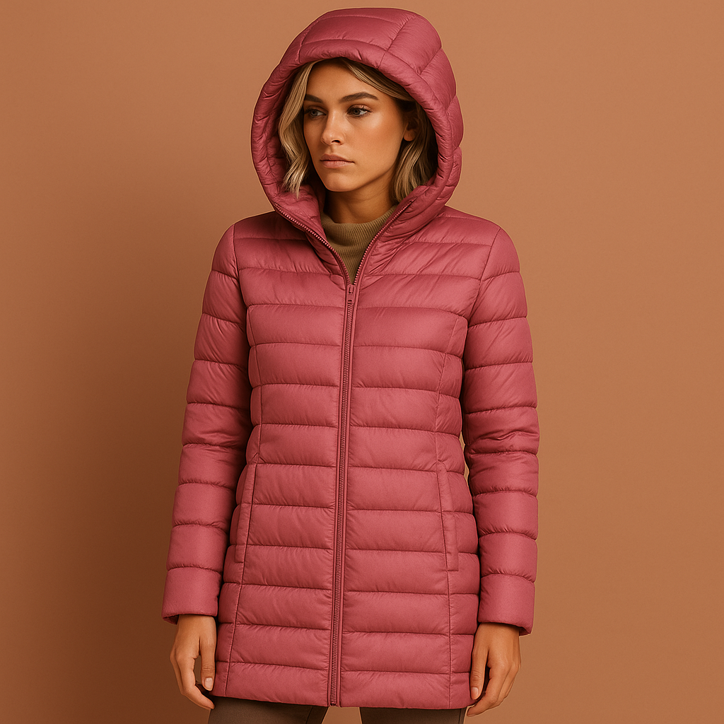 Women’s quilted jacket in pink with detachable hood and lightweight design, warm and comfortable for casual fall and winter outfits.