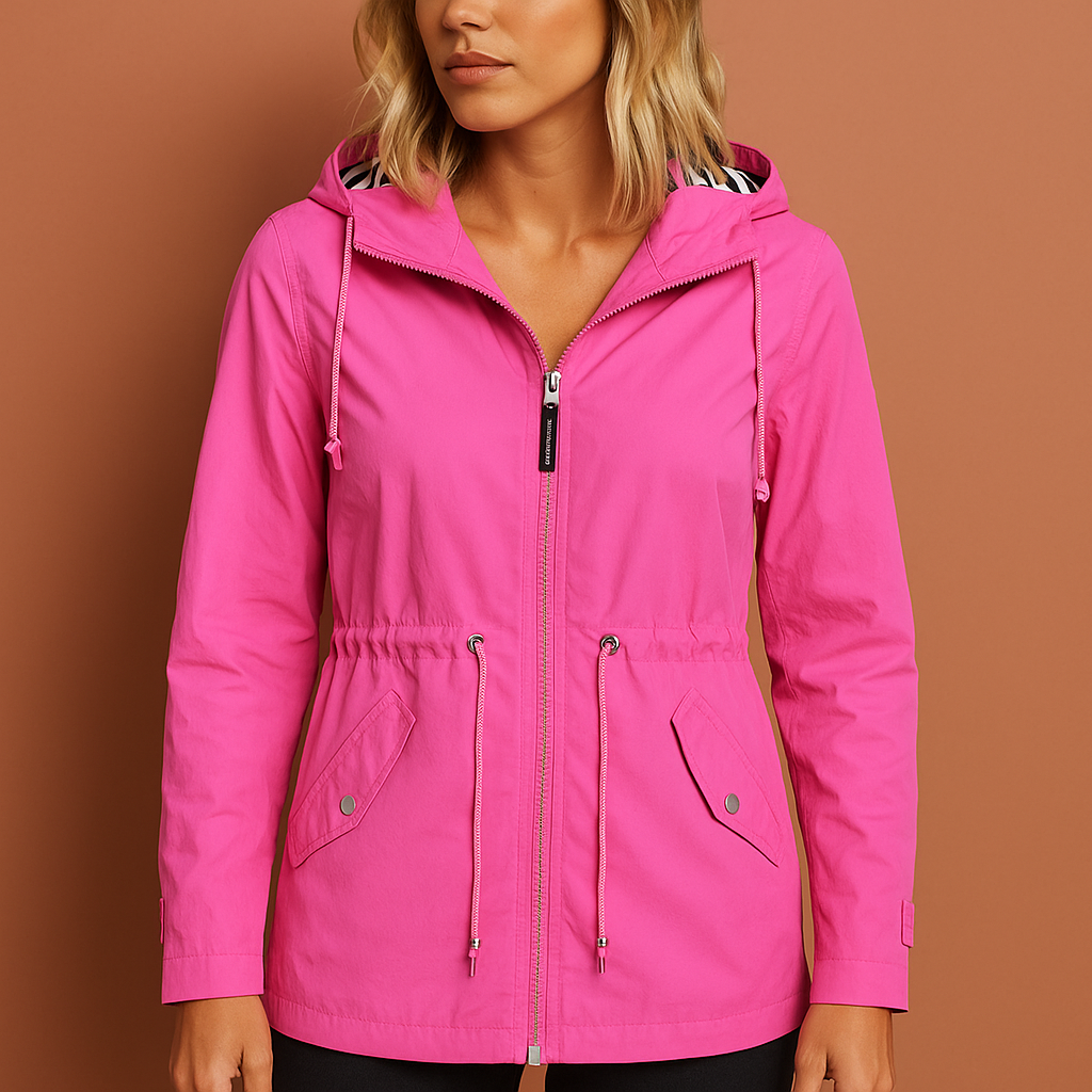 Women’s long waterproof raincoat in pink with hood, breathable and stylish for rainy days.