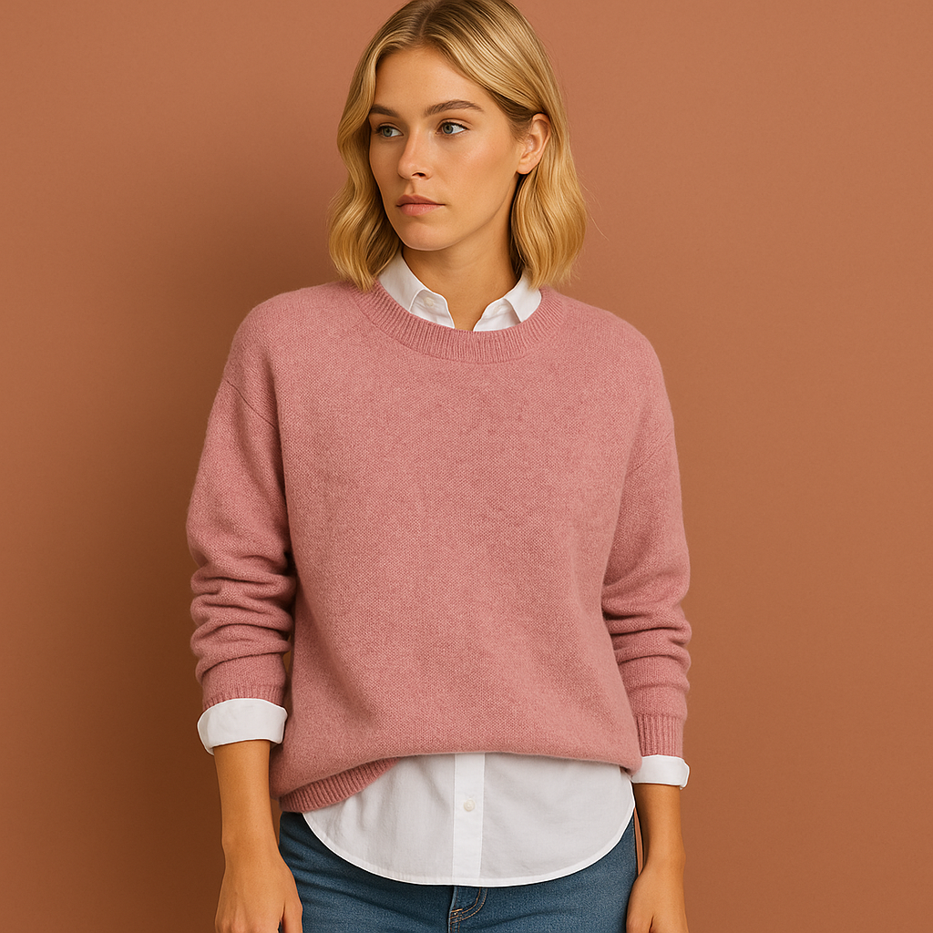 Women’s sweater in pink with minimalist design, soft and comfortable for casual and stylish outfits.