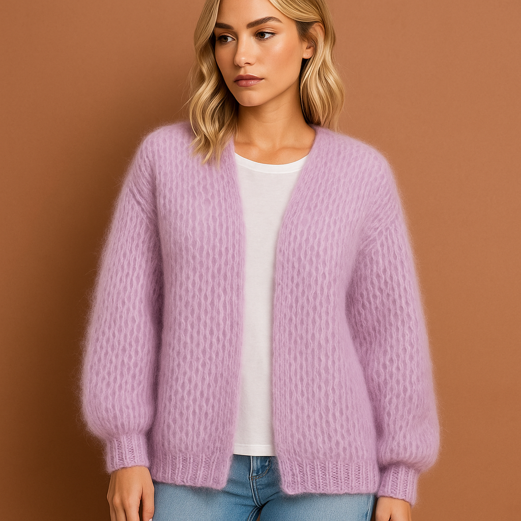 Women’s knitted cardigan in purple and pink with long sleeves and Korean-inspired design, comfortable and stylish for elegant winter outfits.