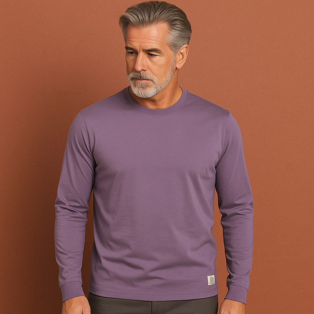 Men’s crew neck sweater in purple with long sleeves, soft and comfortable for casual and stylish outfits.
