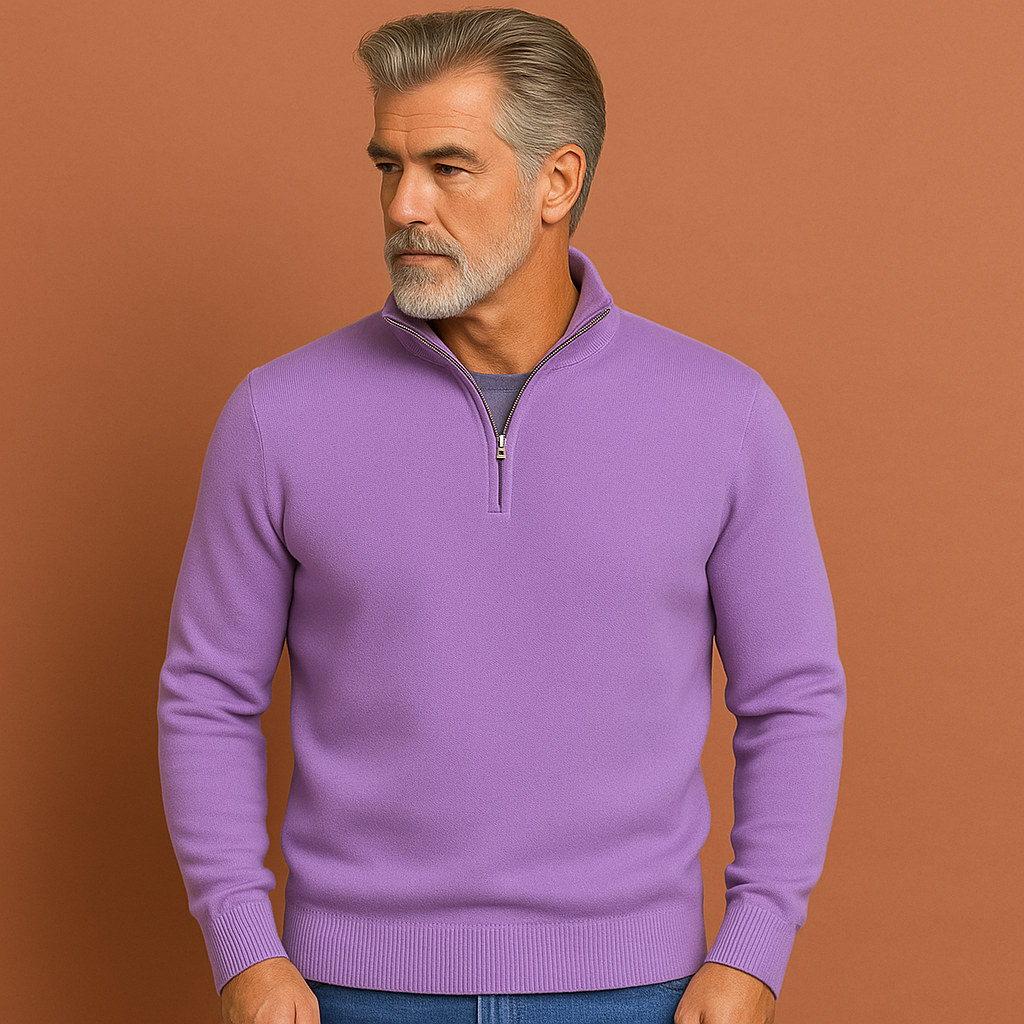 Men’s quarter zip sweater in purple, soft and comfortable for stylish and casual outfits.
