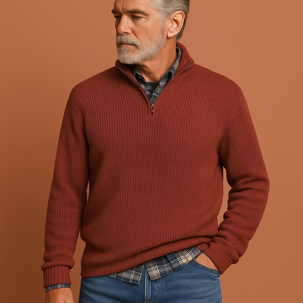Men’s knitted sweater in red with classic design, warm and comfortable for casual and formal outfits.