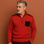 Men’s pullover sweater in red with collar and chest pocket, comfortable and stylish for casual and cool-weather outfits.