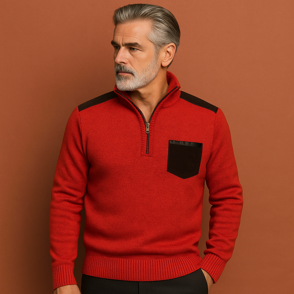 Men’s pullover sweater in red with collar and chest pocket, comfortable and stylish for casual and cool-weather outfits.