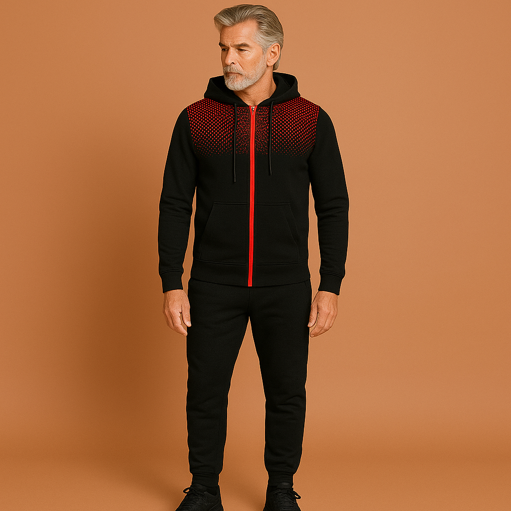 Men’s sporty slim fit tracksuit in red, flexible and breathable for workouts and casual wear.