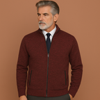 Men’s zipped jacket in red with high collar and front pockets, stylish and comfortable for spring and fall outfits.