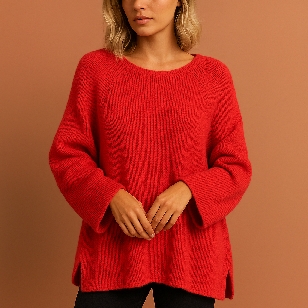 Women’s oversized knitted sweater in red with casual winter style, soft and comfortable for cozy and stylish outfits.