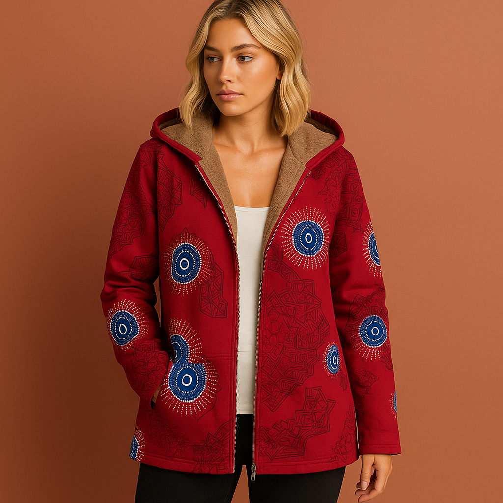 Women’s floral print jacket in red with pockets, soft and comfortable for casual spring and fall outfits.