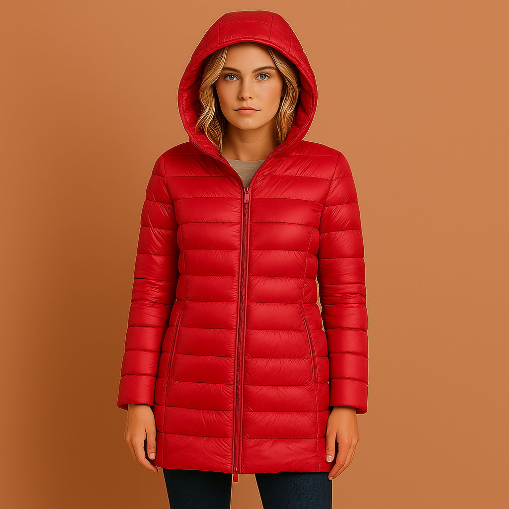 Women’s quilted jacket in red with detachable hood and lightweight design, warm and comfortable for casual fall and winter outfits.