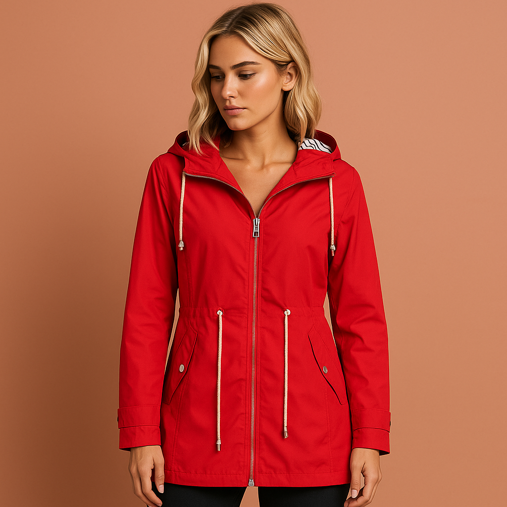 Women’s long waterproof raincoat in red with hood, breathable and stylish for rainy days.