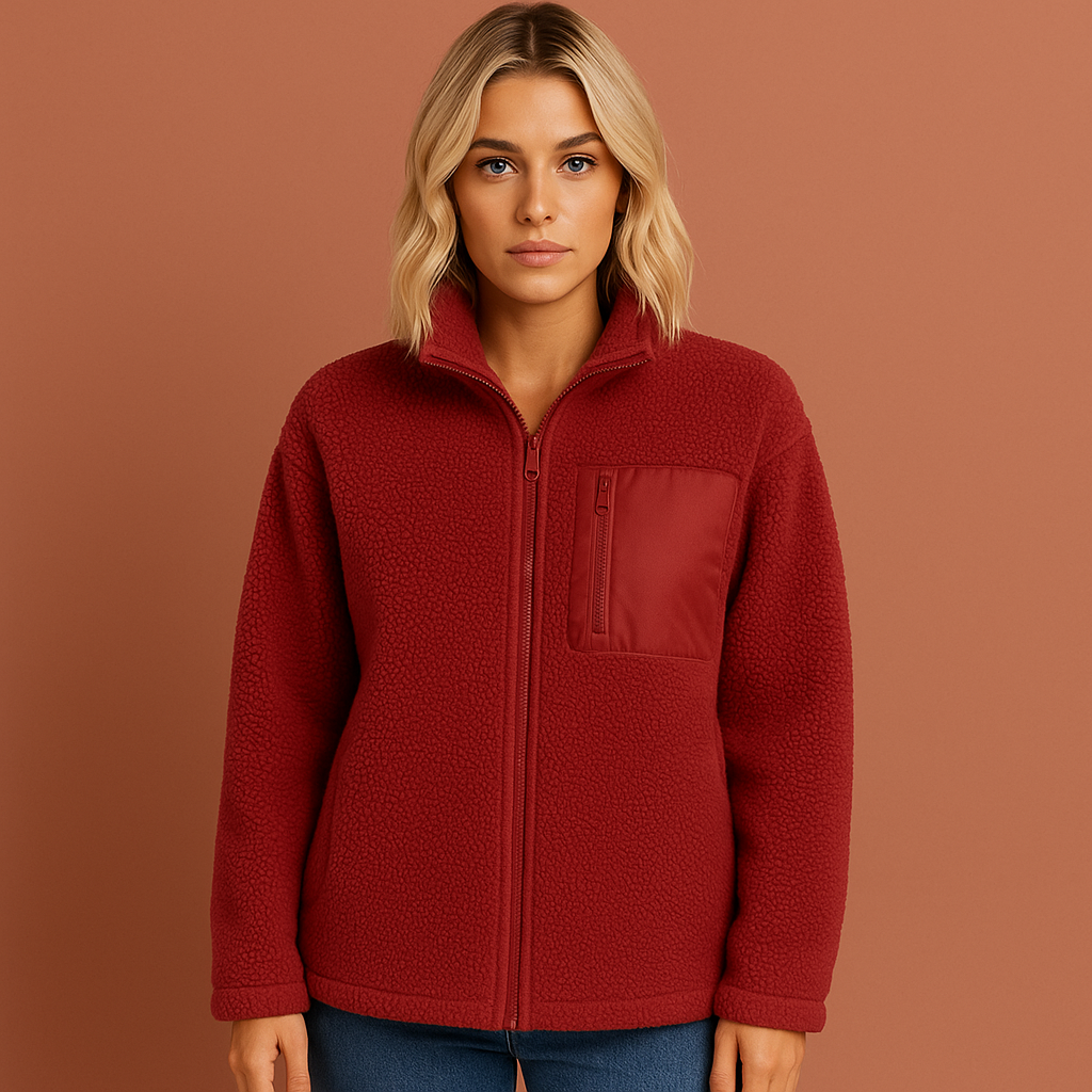 Women’s teddy zip jacket in red with cozy fit and high collar, perfect for stylish cold-weather outfits.