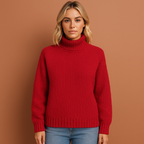Women’s turtleneck sweater in red with minimalist design, soft and comfortable for casual and stylish outfits.
