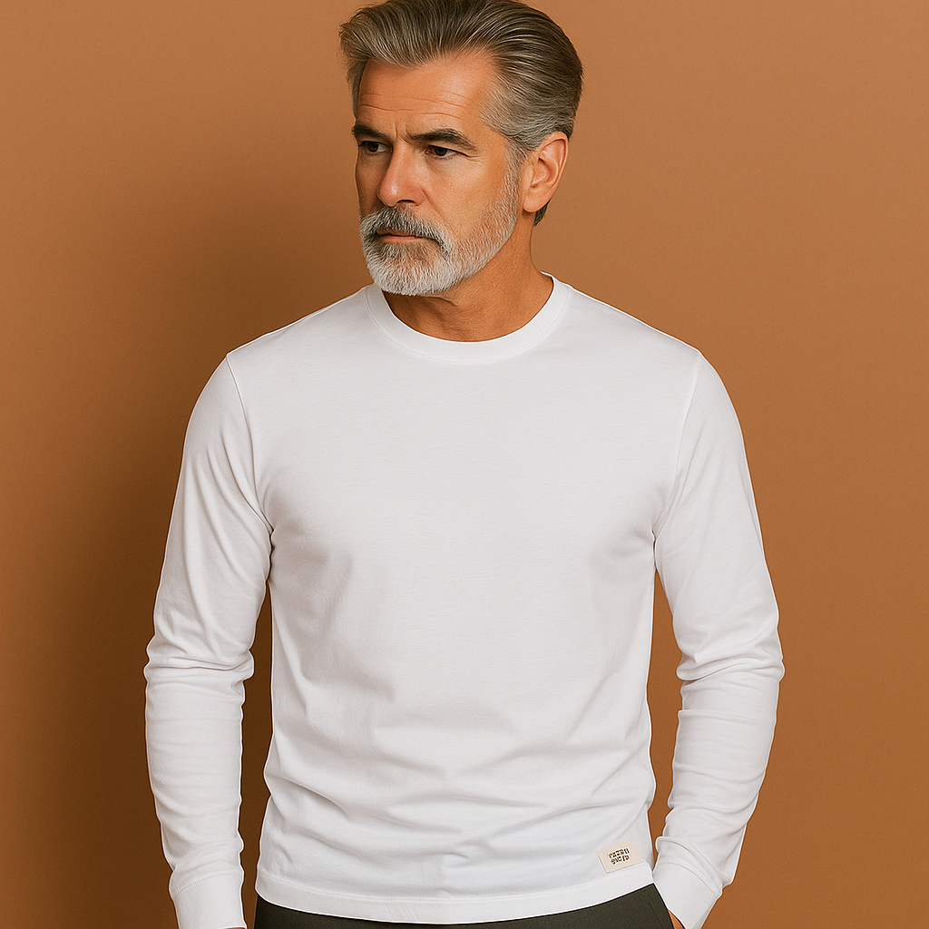 Men’s crew neck sweater in white with long sleeves, soft and comfortable for casual and stylish outfits.