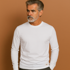 Men’s crew neck sweater in white with long sleeves, soft and comfortable for casual and stylish outfits.
