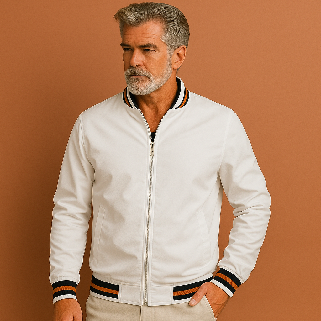 Men’s lightweight transitional jacket in white with sporty collar, breathable and stylish for casual outfits.