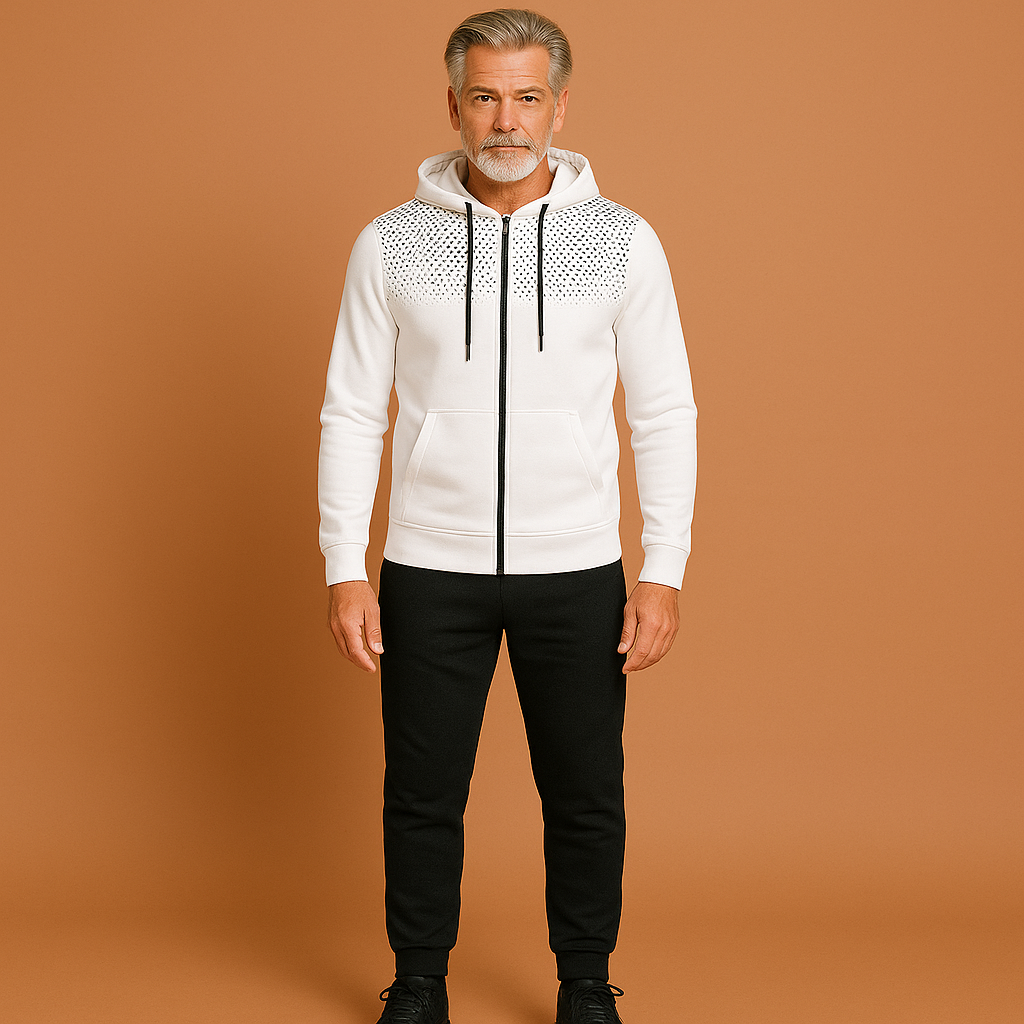 Men’s sporty slim fit tracksuit in white, flexible and breathable for workouts and casual wear.