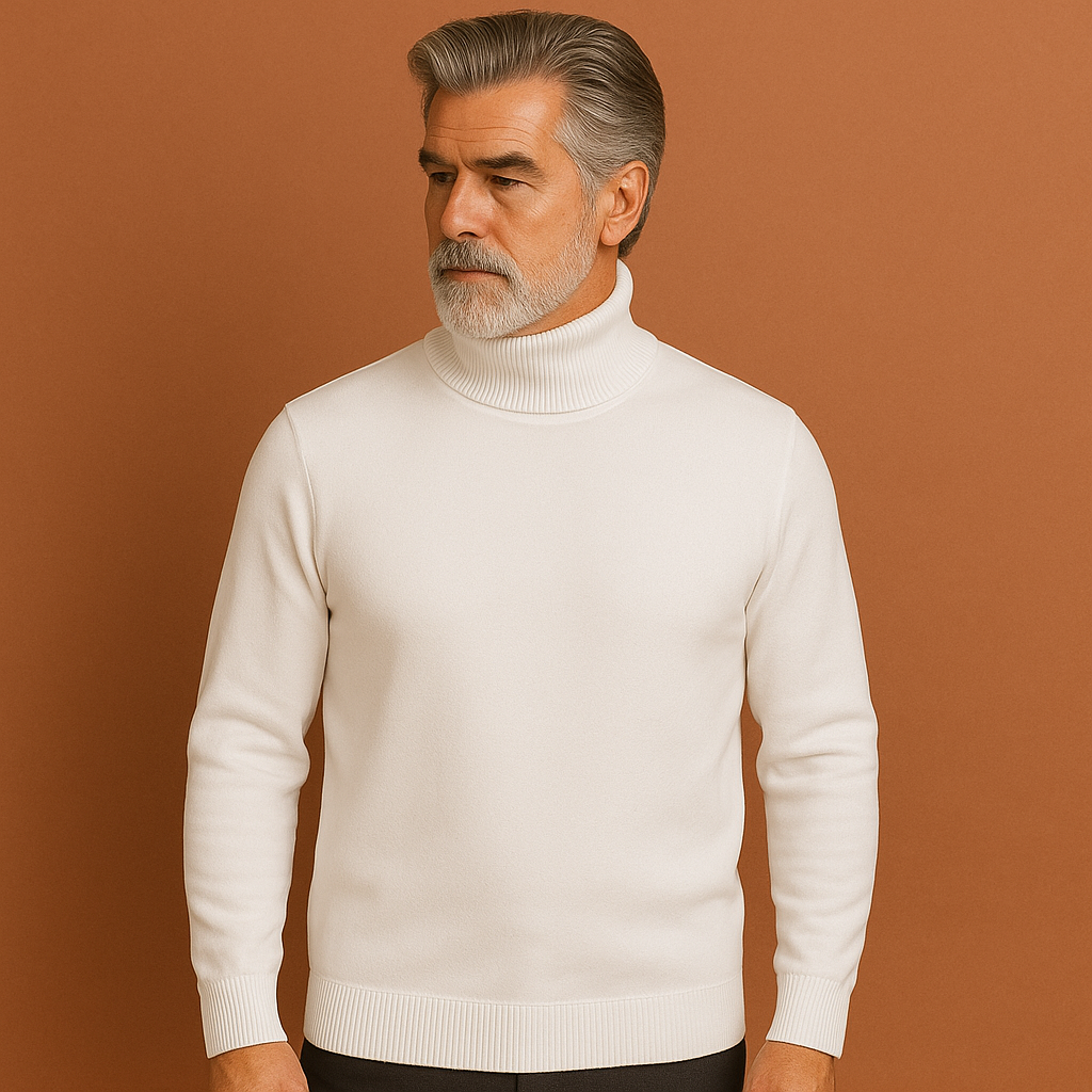Men’s turtleneck sweater in white with timeless design, stylish and comfortable for business and casual winter outfits.